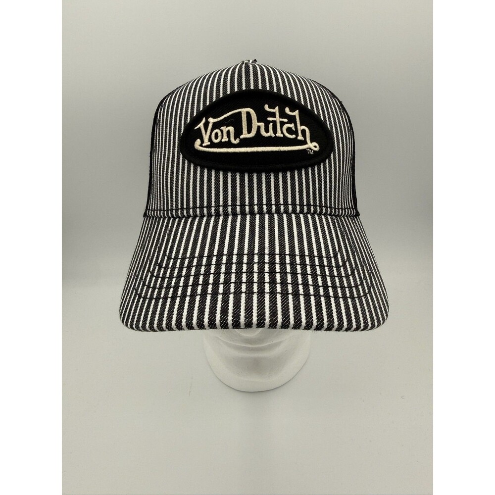 Von Dutch Black & White Pinstripe Railroad Mesh Trucker Hat Logo Patch OS NWT